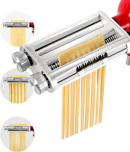 Pasta Maker Attachment for KitchenAid Mixer, 3-in-1 Metal Roller & Cutter | 3-in-1 for KitchenAid: Roller, spaghetti (2mm) & fettuccine (6mm) cutters in one sleek attachment — fresh pasta, zero clutter