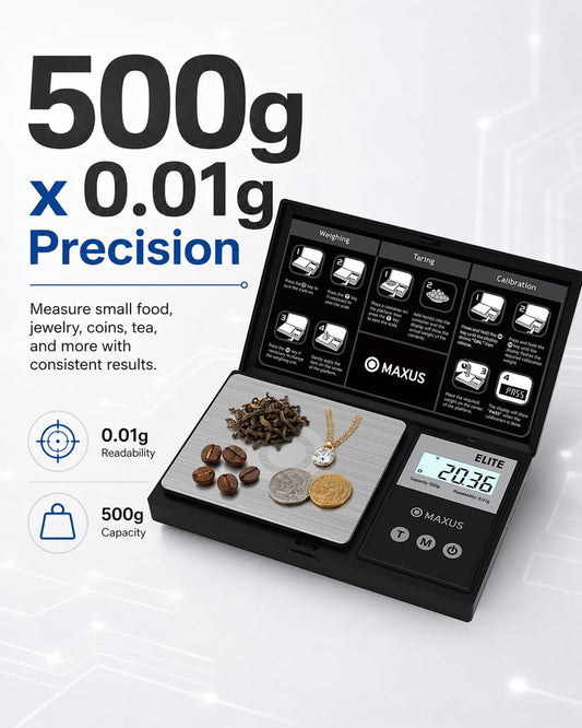 MAXUS Digital Pocket Gram Scale 500g x 0.01g High Precision with Tray | Weighs Small Food, Jewelry, Ounces, Grains, LCD Display, Tare Function