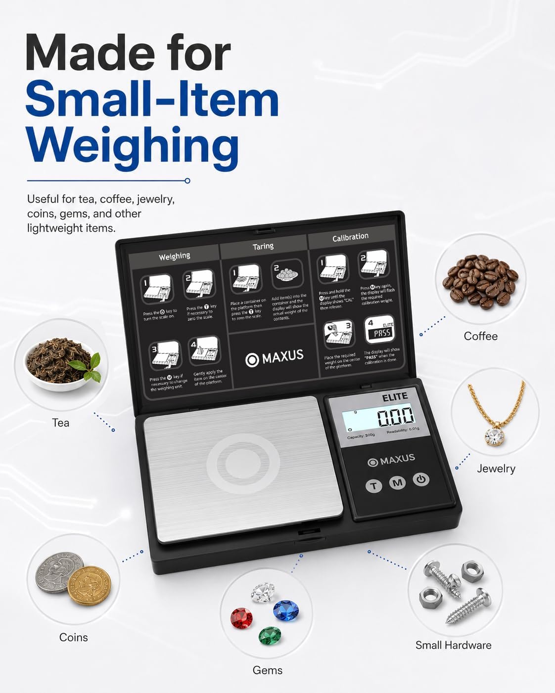 MAXUS Digital Pocket Gram Scale 500g x 0.01g High Precision with Tray | Weighs Small Food, Jewelry, Ounces, Grains, LCD Display, Tare Function