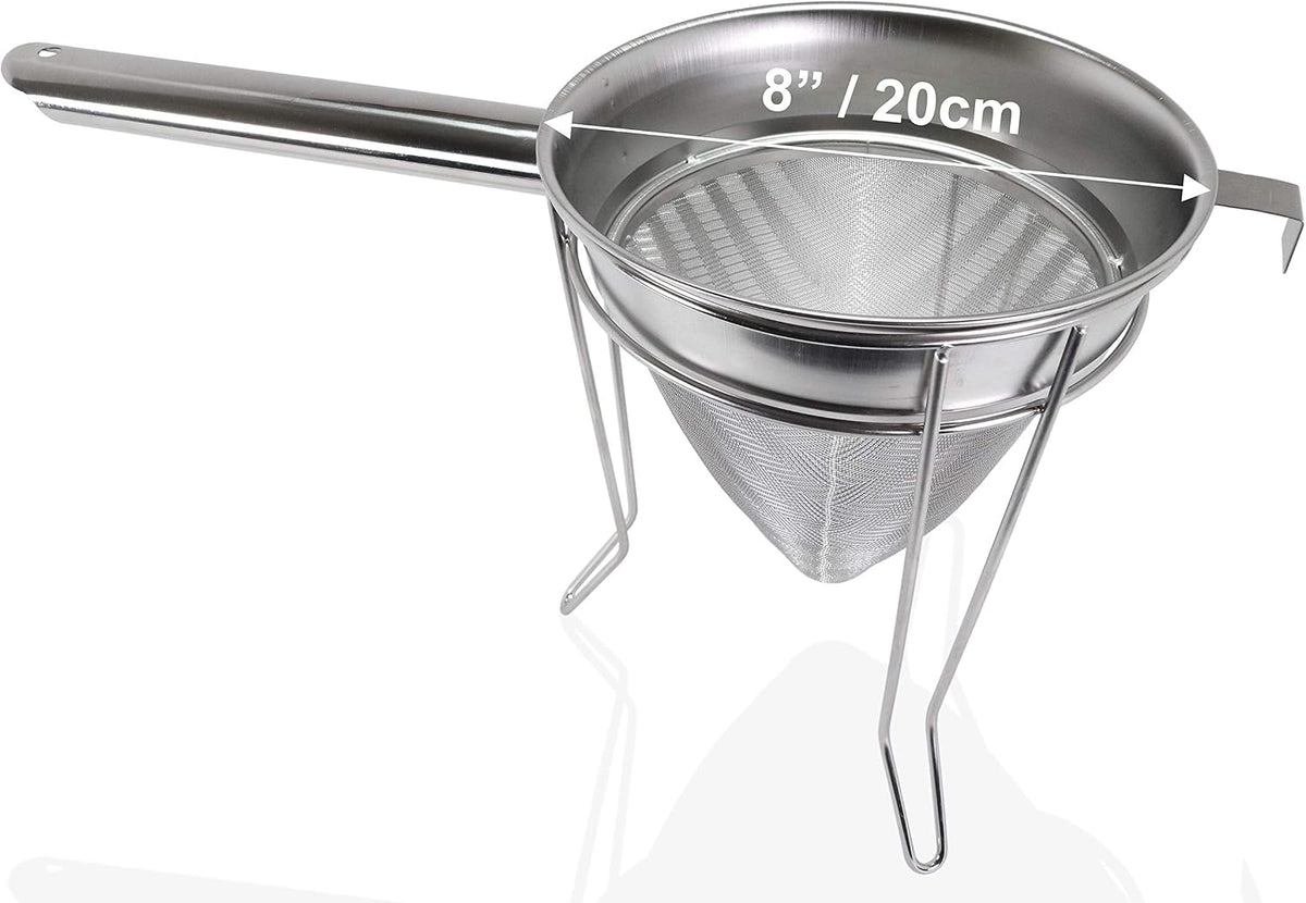 Premium 8" Chinois Fine Mesh Strainer Set with Stand & Bamboo Spatula – 18/8 Stainless Steel China Cap Cone Sieve, Professional Bouillon Strainer for Sauces, Soups, Broth, Stock, Jelly & Purees