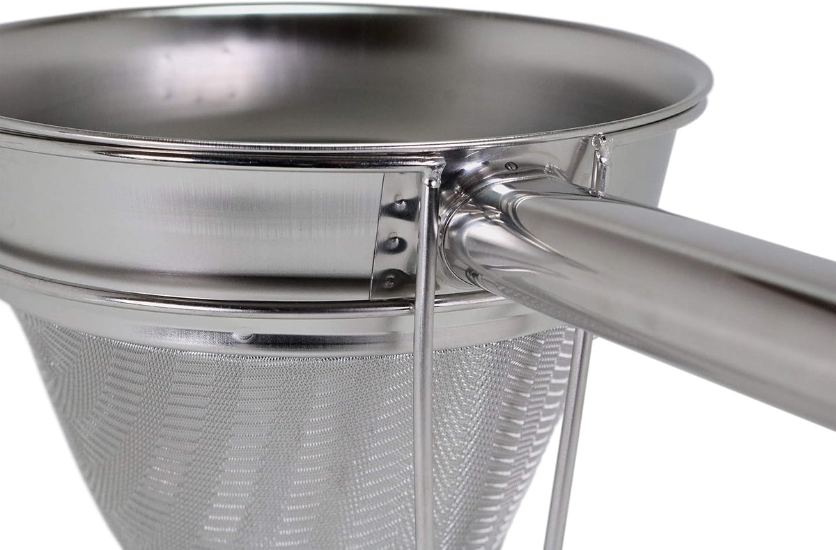 Premium 8" Chinois Fine Mesh Strainer Set with Stand & Bamboo Spatula – 18/8 Stainless Steel China Cap Cone Sieve, Professional Bouillon Strainer for Sauces, Soups, Broth, Stock, Jelly & Purees