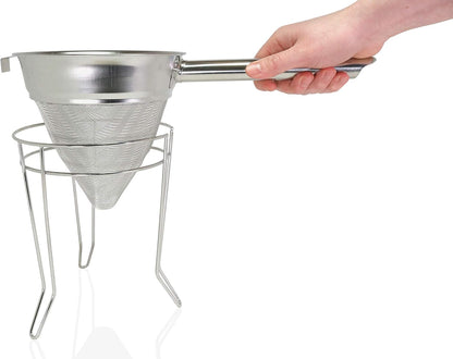 Premium 8" Chinois Fine Mesh Strainer Set with Stand & Bamboo Spatula – 18/8 Stainless Steel China Cap Cone Sieve, Professional Bouillon Strainer for Sauces, Soups, Broth, Stock, Jelly & Purees