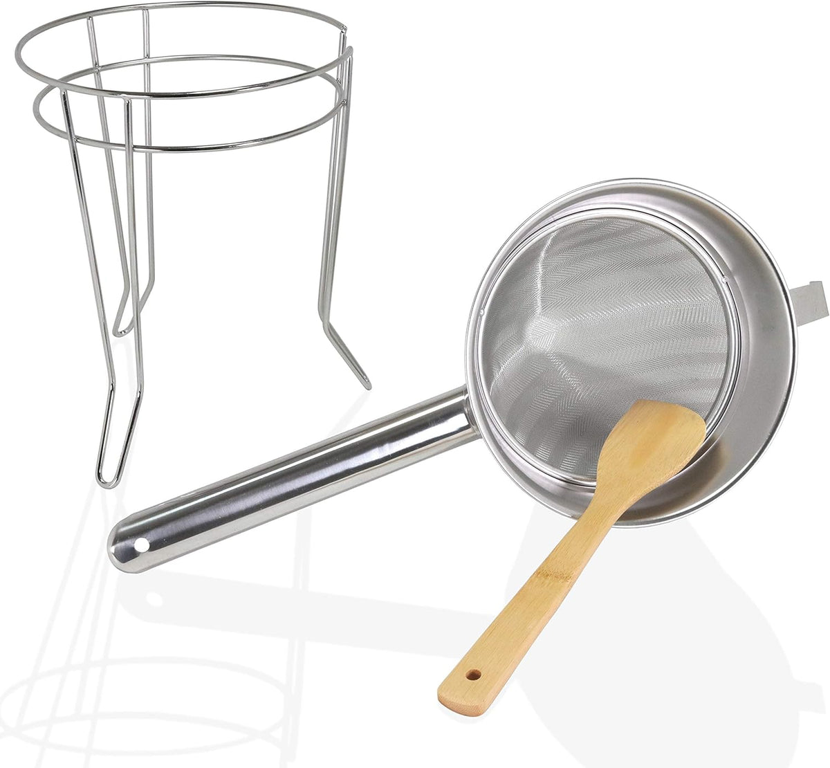 Premium 8" Chinois Fine Mesh Strainer Set with Stand & Bamboo Spatula – 18/8 Stainless Steel China Cap Cone Sieve, Professional Bouillon Strainer for Sauces, Soups, Broth, Stock, Jelly & Purees