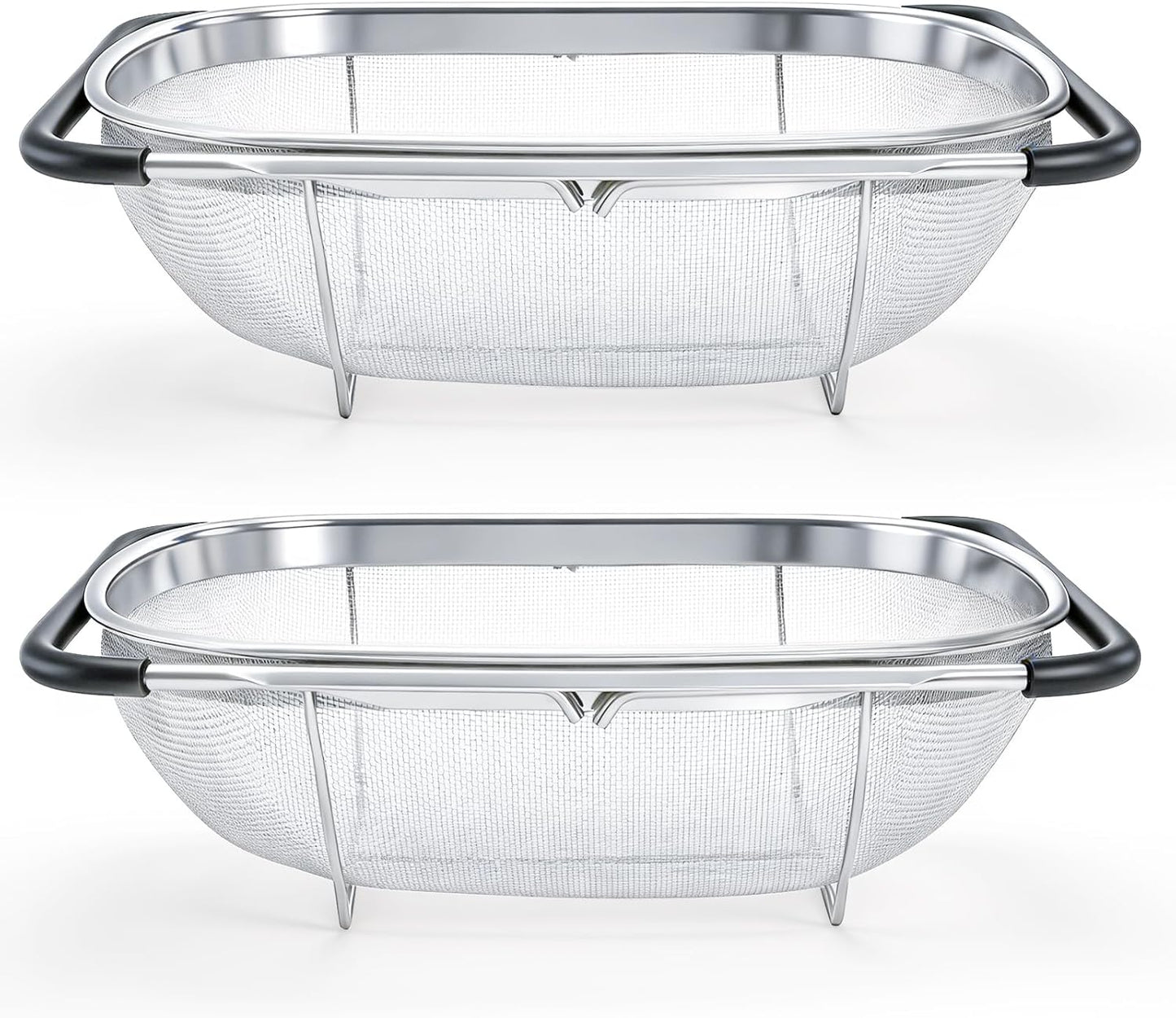 2 Pack Over the Sink Oval Colander for Kitchen, Stainless Steel Fine Mesh 6 Quart Strainer Basket with Expandable Rubber Grip Handles for Straining, Draining, Rinsing Fruits, Vegetables