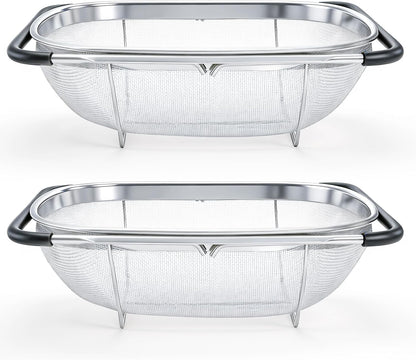 2 Pack Over the Sink Oval Colander for Kitchen, Stainless Steel Fine Mesh 6 Quart Strainer Basket with Expandable Rubber Grip Handles for Straining, Draining, Rinsing Fruits, Vegetables