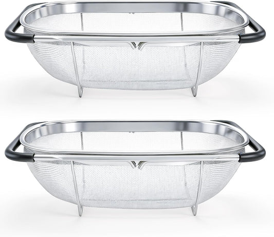 2 Pack Over the Sink Oval Colander for Kitchen, Stainless Steel Fine Mesh 6 Quart Strainer Basket with Expandable Rubber Grip Handles for Straining, Draining, Rinsing Fruits, Vegetables