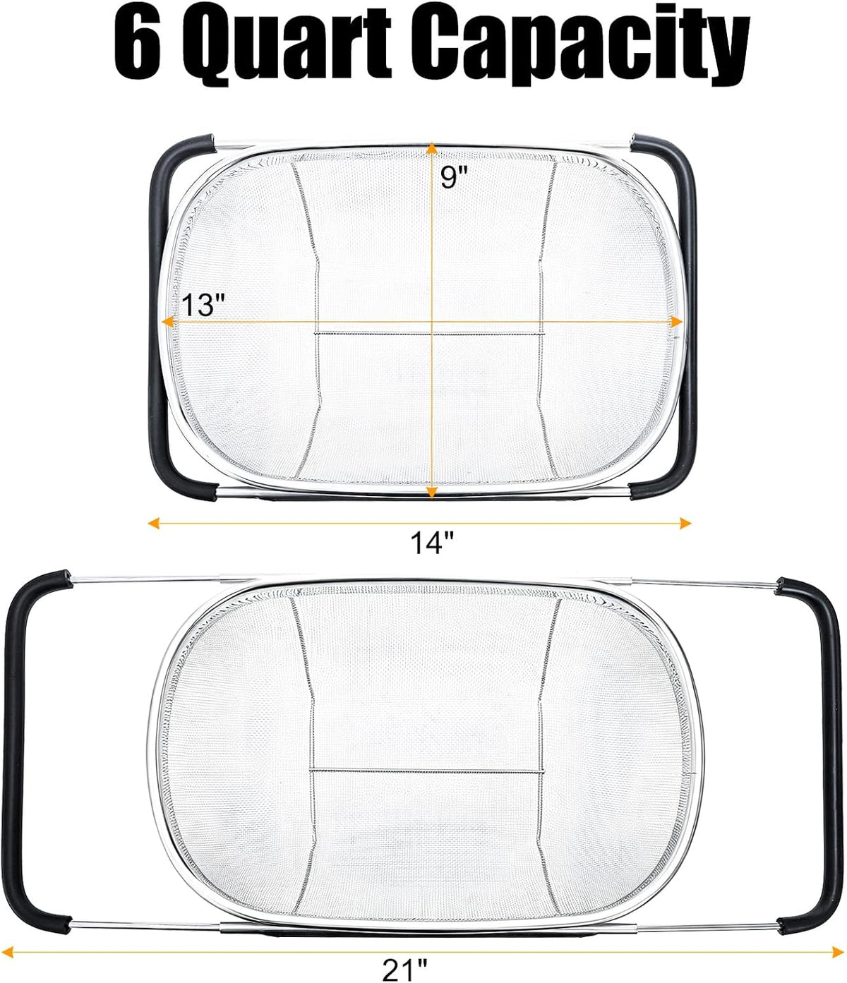 2 Pack Over the Sink Oval Colander for Kitchen, Stainless Steel Fine Mesh 6 Quart Strainer Basket with Expandable Rubber Grip Handles for Straining, Draining, Rinsing Fruits, Vegetables