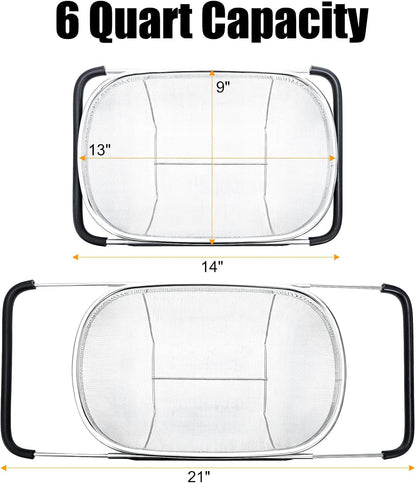 2 Pack Over the Sink Oval Colander for Kitchen, Stainless Steel Fine Mesh 6 Quart Strainer Basket with Expandable Rubber Grip Handles for Straining, Draining, Rinsing Fruits, Vegetables