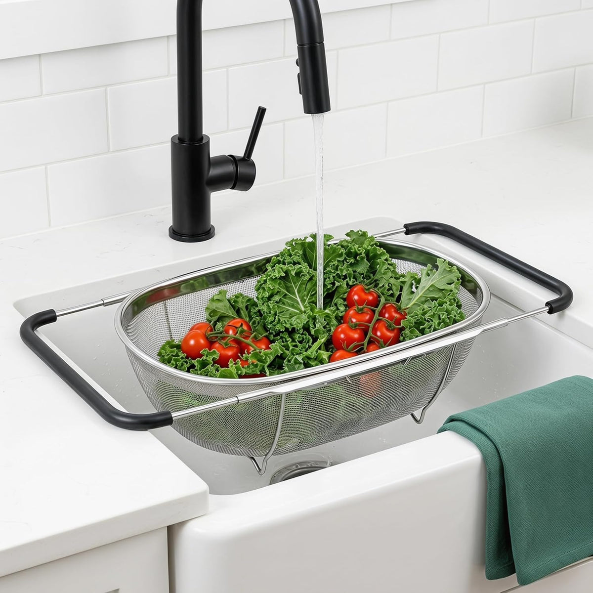 2 Pack Over the Sink Oval Colander for Kitchen, Stainless Steel Fine Mesh 6 Quart Strainer Basket with Expandable Rubber Grip Handles for Straining, Draining, Rinsing Fruits, Vegetables