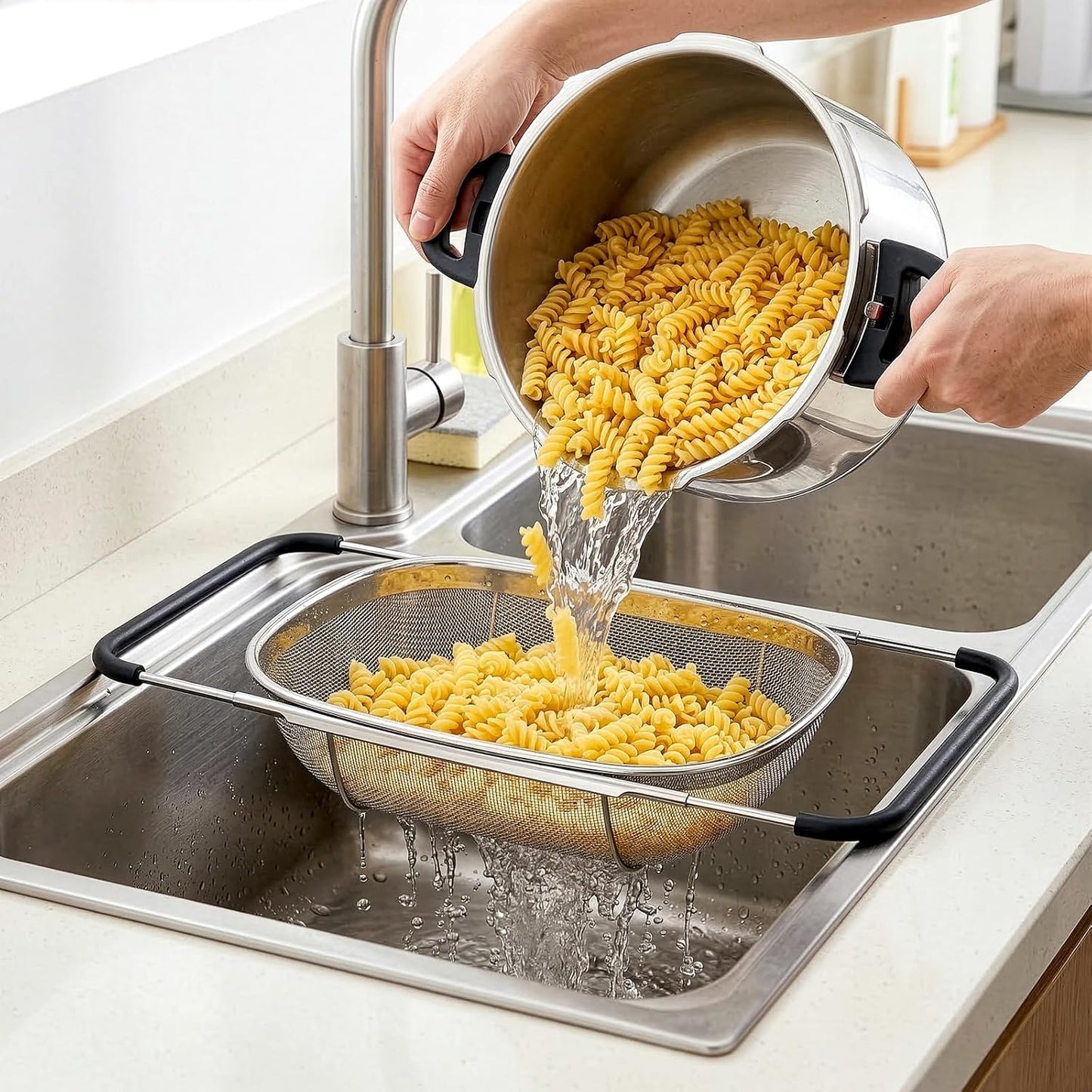 2 Pack Over the Sink Oval Colander for Kitchen, Stainless Steel Fine Mesh 6 Quart Strainer Basket with Expandable Rubber Grip Handles for Straining, Draining, Rinsing Fruits, Vegetables