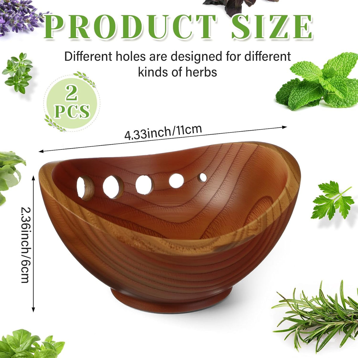 2 Pack Wooden Herb Stripper Bowls, Wood 5 Holes Kitchen Herbs Peeling Bowl, Leaf Stripping Peeler for Separating Leaves and Stems, Salads & Cooking, Pottery Kitchen Tool