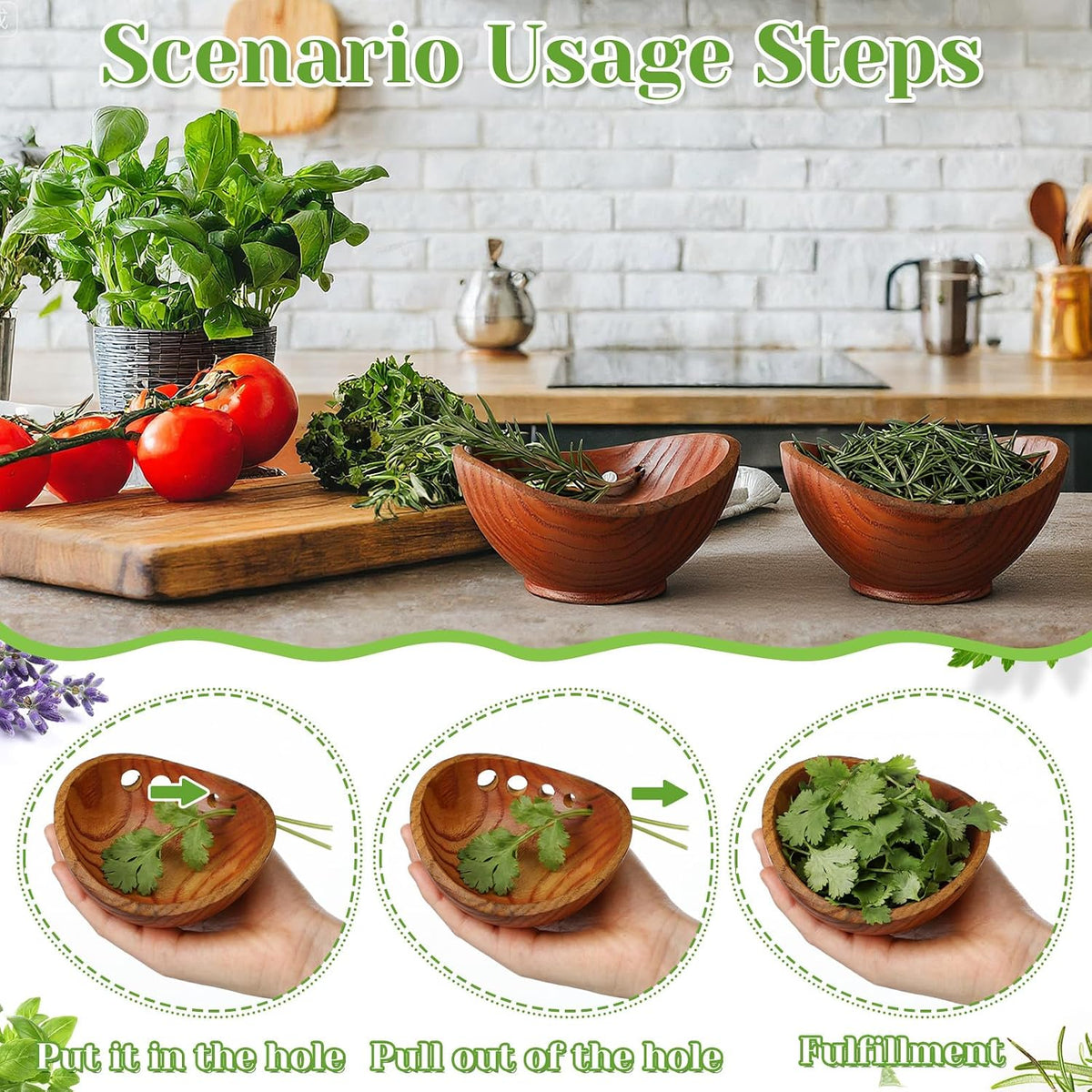 2 Pack Wooden Herb Stripper Bowls, Wood 5 Holes Kitchen Herbs Peeling Bowl, Leaf Stripping Peeler for Separating Leaves and Stems, Salads & Cooking, Pottery Kitchen Tool
