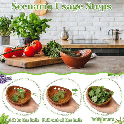 2 Pack Wooden Herb Stripper Bowls, Wood 5 Holes Kitchen Herbs Peeling Bowl, Leaf Stripping Peeler for Separating Leaves and Stems, Salads & Cooking, Pottery Kitchen Tool