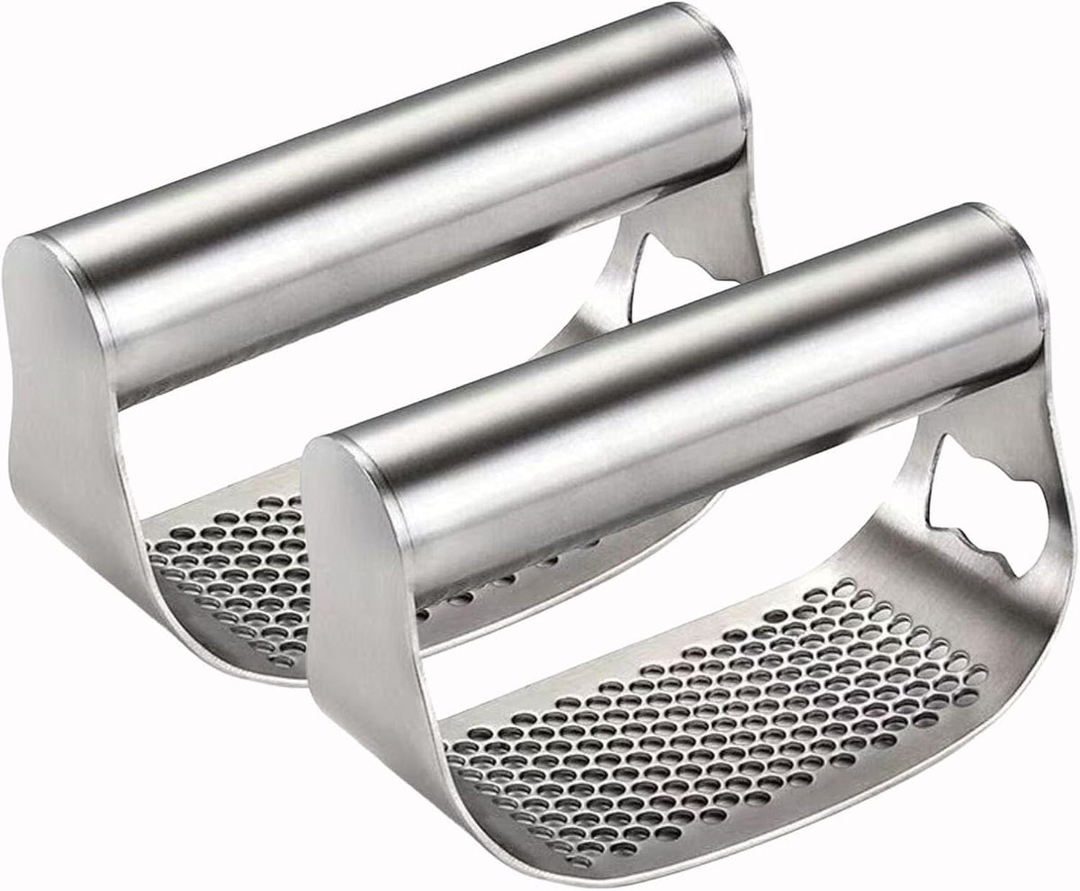 Garlic Press Rocker, Crusher Grinder Masher Bottle opener, Portable Manual Stainless Steel Wide Handle Garlic Crusher with Peeler(Style1-2pcs)