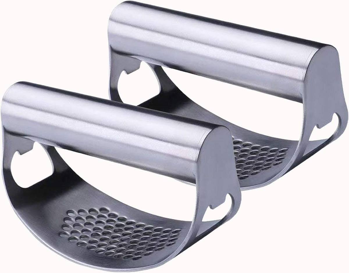 Garlic Press Rocker, Crusher Grinder Masher Bottle opener, Portable Manual Stainless Steel Wide Handle Garlic Crusher with Peeler(Style1-2pcs)