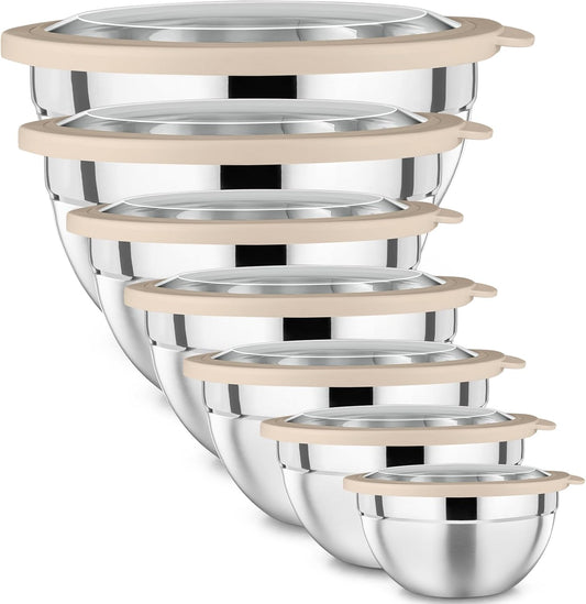 Mixing Bowl with Lid Set of 7, Stainless Steel Salad Bowls, Khaki | Nesting Bowl for Mixing Serving Prepping, Size 4.6, 3.5, 3, 2, 1.5, 1, 0.7 Qt, Clear Lids & Stackable Design, Easy to Clean