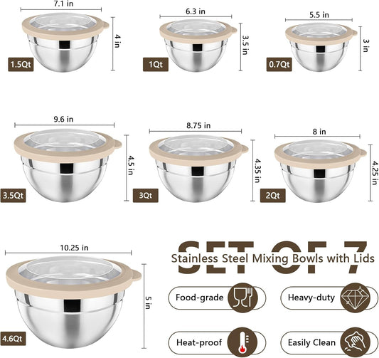 Mixing Bowl with Lid Set of 7, Stainless Steel Salad Bowls, Khaki | Nesting Bowl for Mixing Serving Prepping, Size 4.6, 3.5, 3, 2, 1.5, 1, 0.7 Qt, Clear Lids & Stackable Design, Easy to Clean