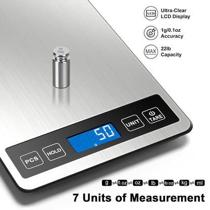 Food Scale, 22lb/0.1oz Digital Kitchen Scale - 7 Units, Tare & PCS