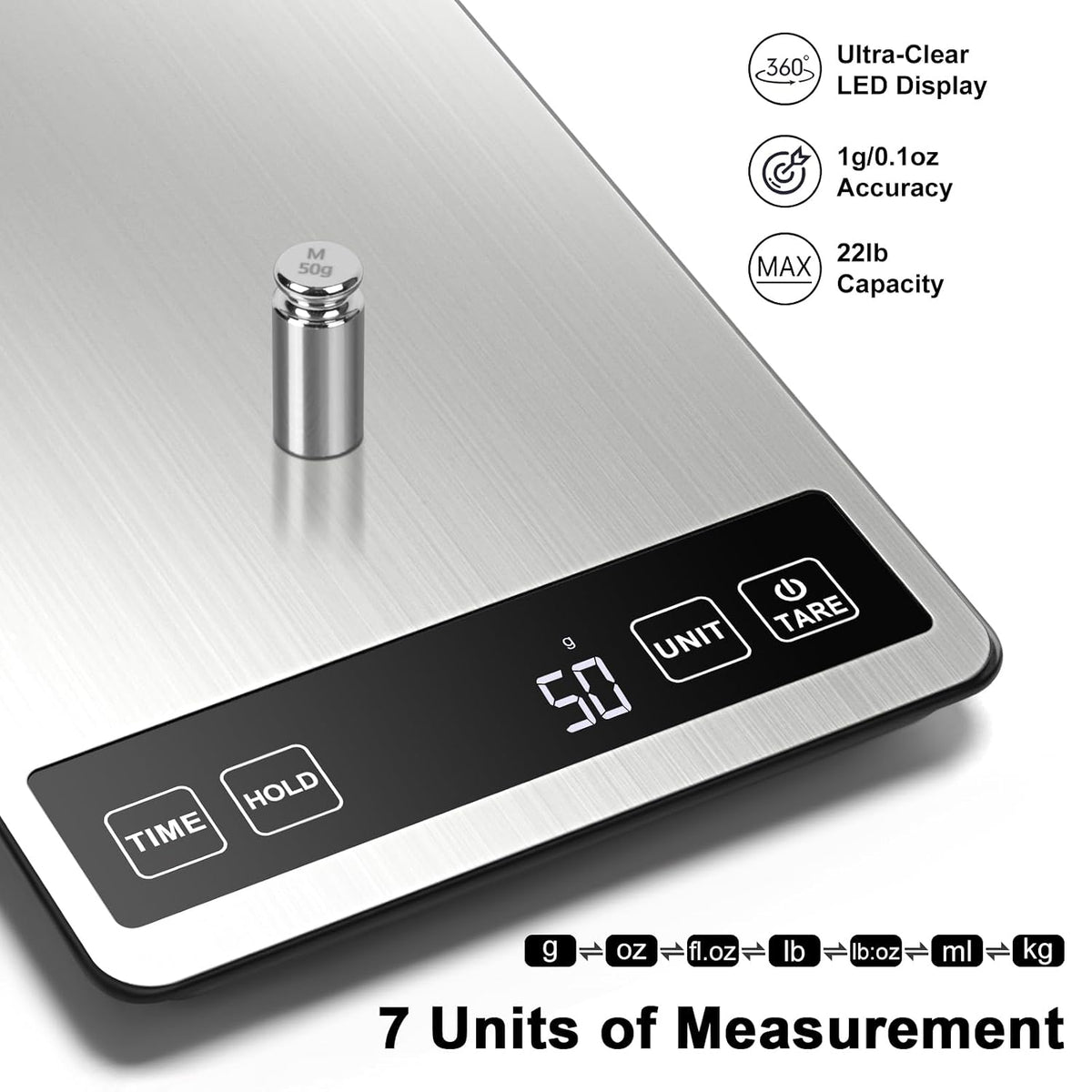 Food Scale, 22lb/0.1oz Digital Kitchen Scale - 7 Units, Tare & PCS