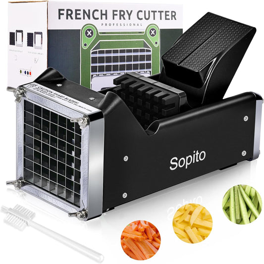 French Fry Cutter, 1/2 Inch Stainless Steel Blade, Black | Even-Sized Cuts for Potatoes, Carrots, Cucumbers, Labor-Saving, Easy to Use & Clean, Versatile Convenience