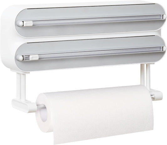 Magnetic Plastic Wrap Dispenser with Cutter - Refillable Aluminum Tin Foil and Plastic Wrap Organizer for Kitchen, Upgraded 3 in 1 Paper Towel Holder Wall Mount - Fits 12" Roll, White