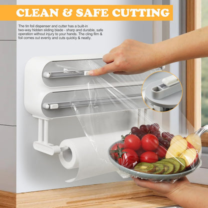 Magnetic Plastic Wrap Dispenser with Cutter - Refillable Aluminum Tin Foil and Plastic Wrap Organizer for Kitchen, Upgraded 3 in 1 Paper Towel Holder Wall Mount - Fits 12" Roll, White