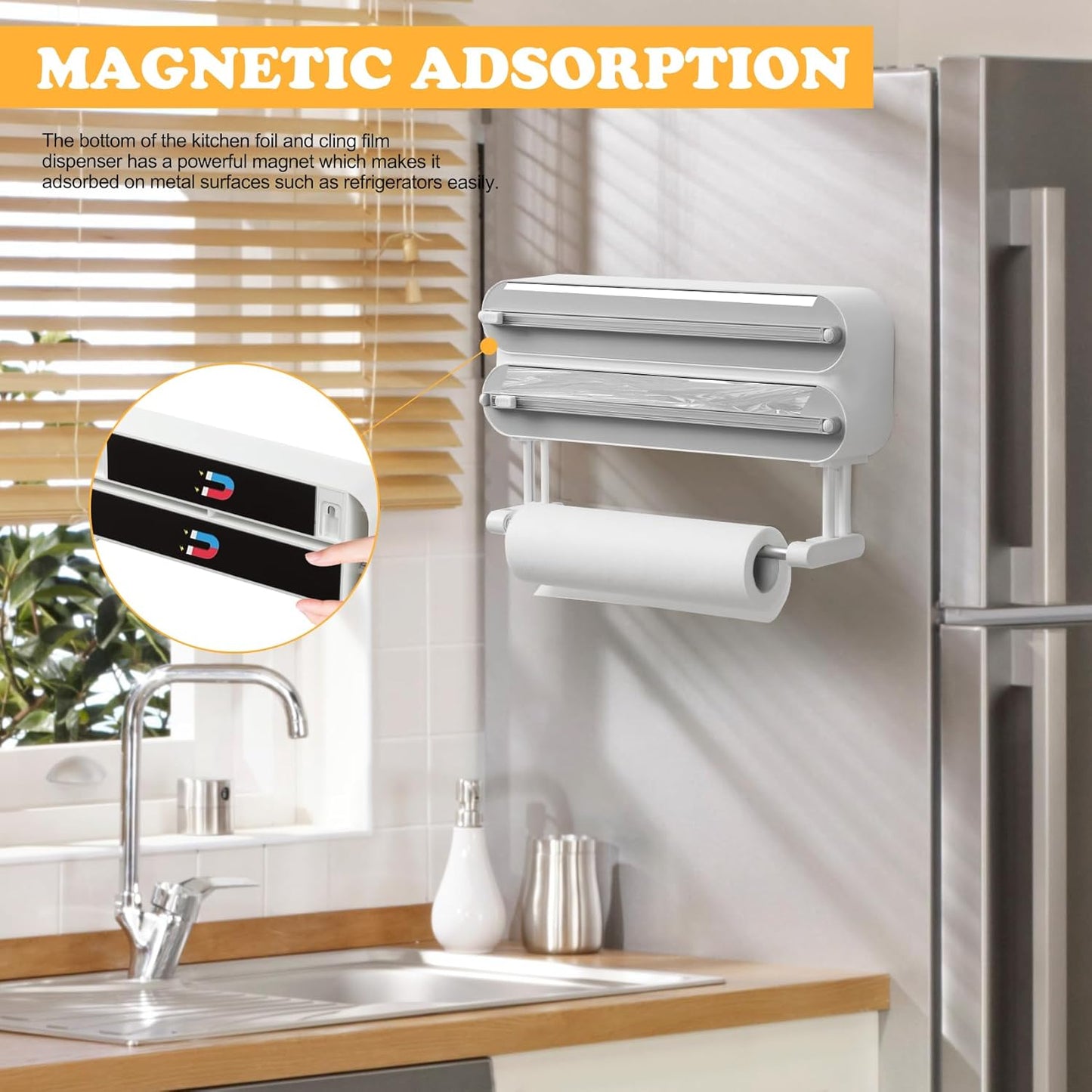 Magnetic Plastic Wrap Dispenser with Cutter - Refillable Aluminum Tin Foil and Plastic Wrap Organizer for Kitchen, Upgraded 3 in 1 Paper Towel Holder Wall Mount - Fits 12" Roll, White