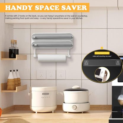Magnetic Plastic Wrap Dispenser with Cutter - Refillable Aluminum Tin Foil and Plastic Wrap Organizer for Kitchen, Upgraded 3 in 1 Paper Towel Holder Wall Mount - Fits 12" Roll, White