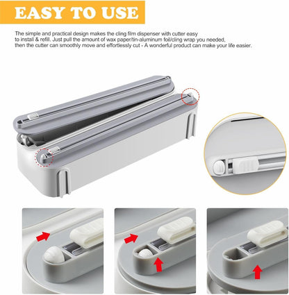Magnetic Plastic Wrap Dispenser with Cutter - Refillable Aluminum Tin Foil and Plastic Wrap Organizer for Kitchen, Upgraded 3 in 1 Paper Towel Holder Wall Mount - Fits 12" Roll, White