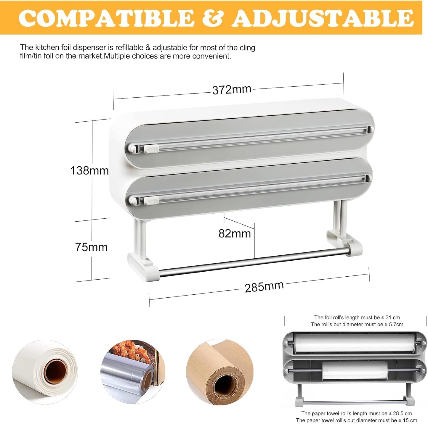 Magnetic Plastic Wrap Dispenser with Cutter - Refillable Aluminum Tin Foil and Plastic Wrap Organizer for Kitchen, Upgraded 3 in 1 Paper Towel Holder Wall Mount - Fits 12" Roll, White