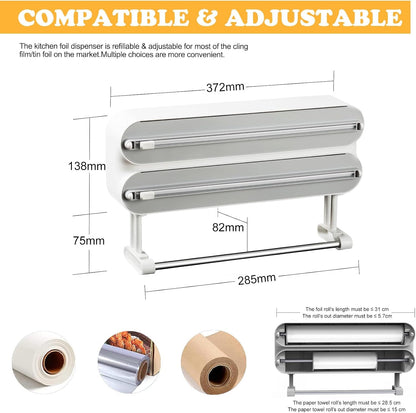 Magnetic Plastic Wrap Dispenser with Cutter - Refillable Aluminum Tin Foil and Plastic Wrap Organizer for Kitchen, Upgraded 3 in 1 Paper Towel Holder Wall Mount - Fits 12" Roll, White
