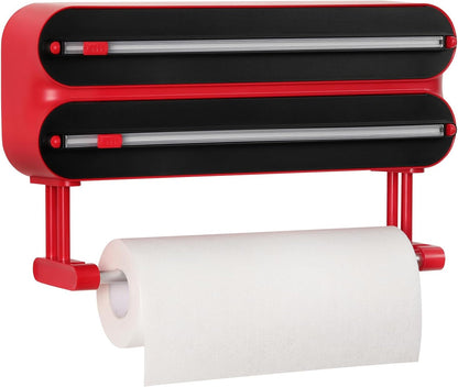 Magnetic Plastic Wrap Dispenser with Cutter - Refillable Aluminum Tin Foil and Plastic Wrap Organizer for Kitchen, Upgraded 3 in 1 Paper Towel Holder Wall Mount - Fits 12" Roll, White