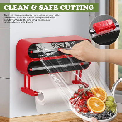 Magnetic Plastic Wrap Dispenser with Cutter - Refillable Aluminum Tin Foil and Plastic Wrap Organizer for Kitchen, Upgraded 3 in 1 Paper Towel Holder Wall Mount - Fits 12" Roll, White