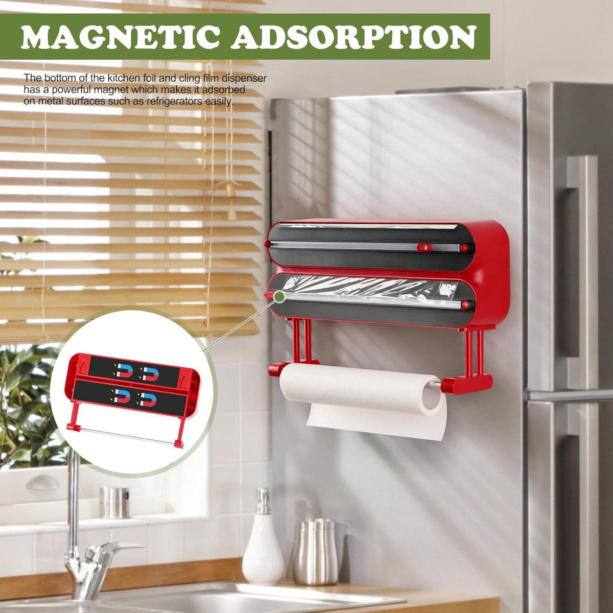 Magnetic Plastic Wrap Dispenser with Cutter - Refillable Aluminum Tin Foil and Plastic Wrap Organizer for Kitchen, Upgraded 3 in 1 Paper Towel Holder Wall Mount - Fits 12" Roll, White