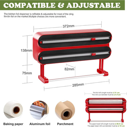 Magnetic Plastic Wrap Dispenser with Cutter - Refillable Aluminum Tin Foil and Plastic Wrap Organizer for Kitchen, Upgraded 3 in 1 Paper Towel Holder Wall Mount - Fits 12" Roll, White