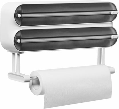 Magnetic Plastic Wrap Dispenser with Cutter - Refillable Aluminum Tin Foil and Plastic Wrap Organizer for Kitchen, Upgraded 3 in 1 Paper Towel Holder Wall Mount - Fits 12" Roll, White