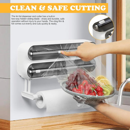 Magnetic Plastic Wrap Dispenser with Cutter - Refillable Aluminum Tin Foil and Plastic Wrap Organizer for Kitchen, Upgraded 3 in 1 Paper Towel Holder Wall Mount - Fits 12" Roll, White