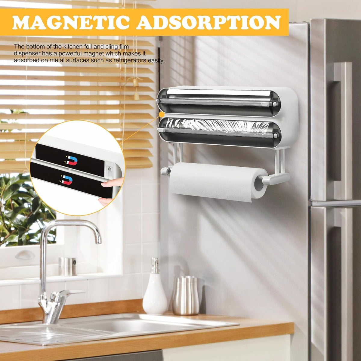 Magnetic Plastic Wrap Dispenser with Cutter - Refillable Aluminum Tin Foil and Plastic Wrap Organizer for Kitchen, Upgraded 3 in 1 Paper Towel Holder Wall Mount - Fits 12" Roll, White
