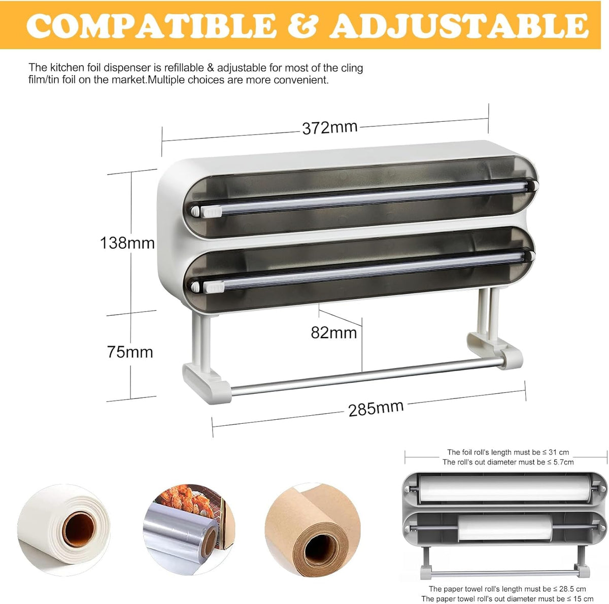 Magnetic Plastic Wrap Dispenser with Cutter - Refillable Aluminum Tin Foil and Plastic Wrap Organizer for Kitchen, Upgraded 3 in 1 Paper Towel Holder Wall Mount - Fits 12" Roll, White