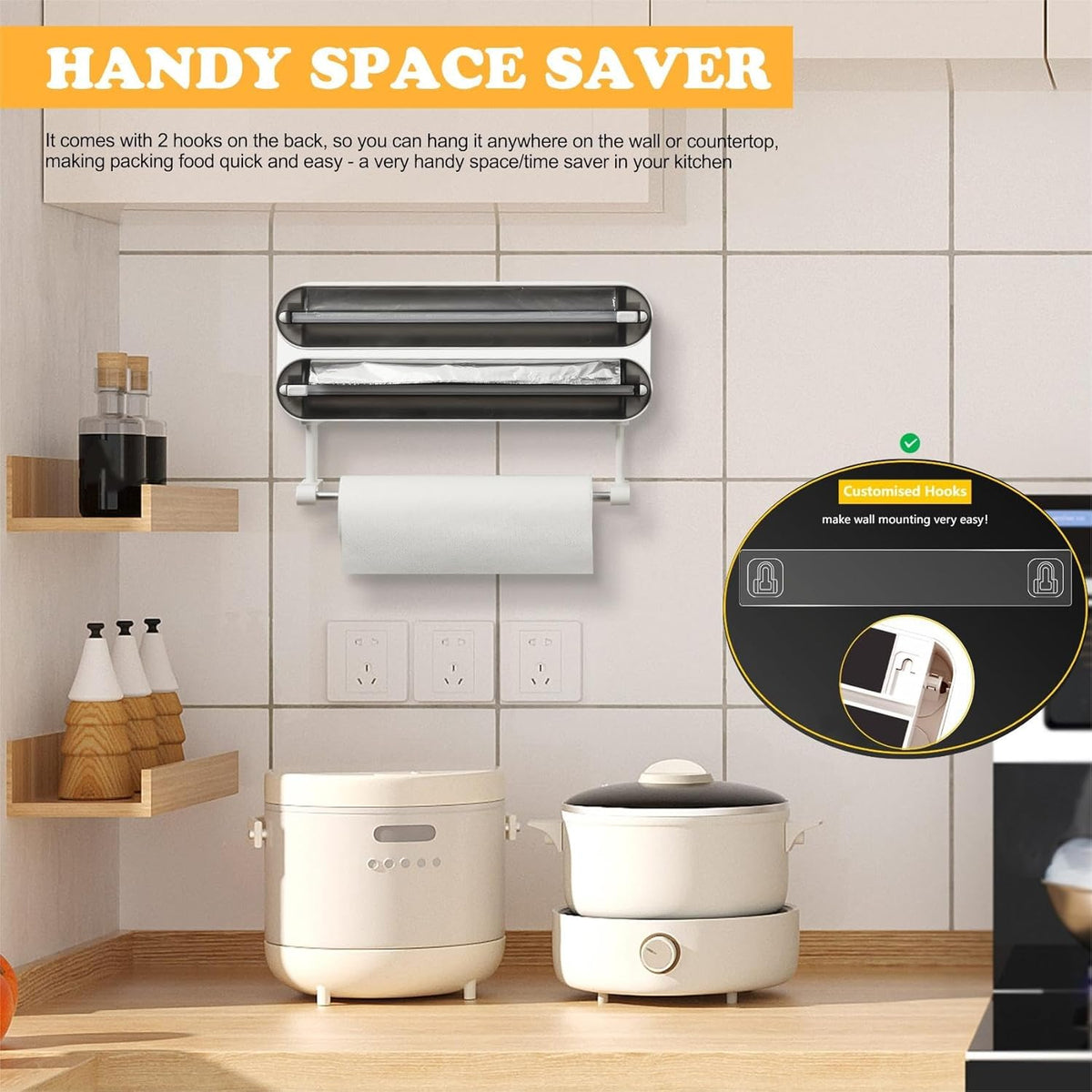 Magnetic Plastic Wrap Dispenser with Cutter - Refillable Aluminum Tin Foil and Plastic Wrap Organizer for Kitchen, Upgraded 3 in 1 Paper Towel Holder Wall Mount - Fits 12" Roll, White