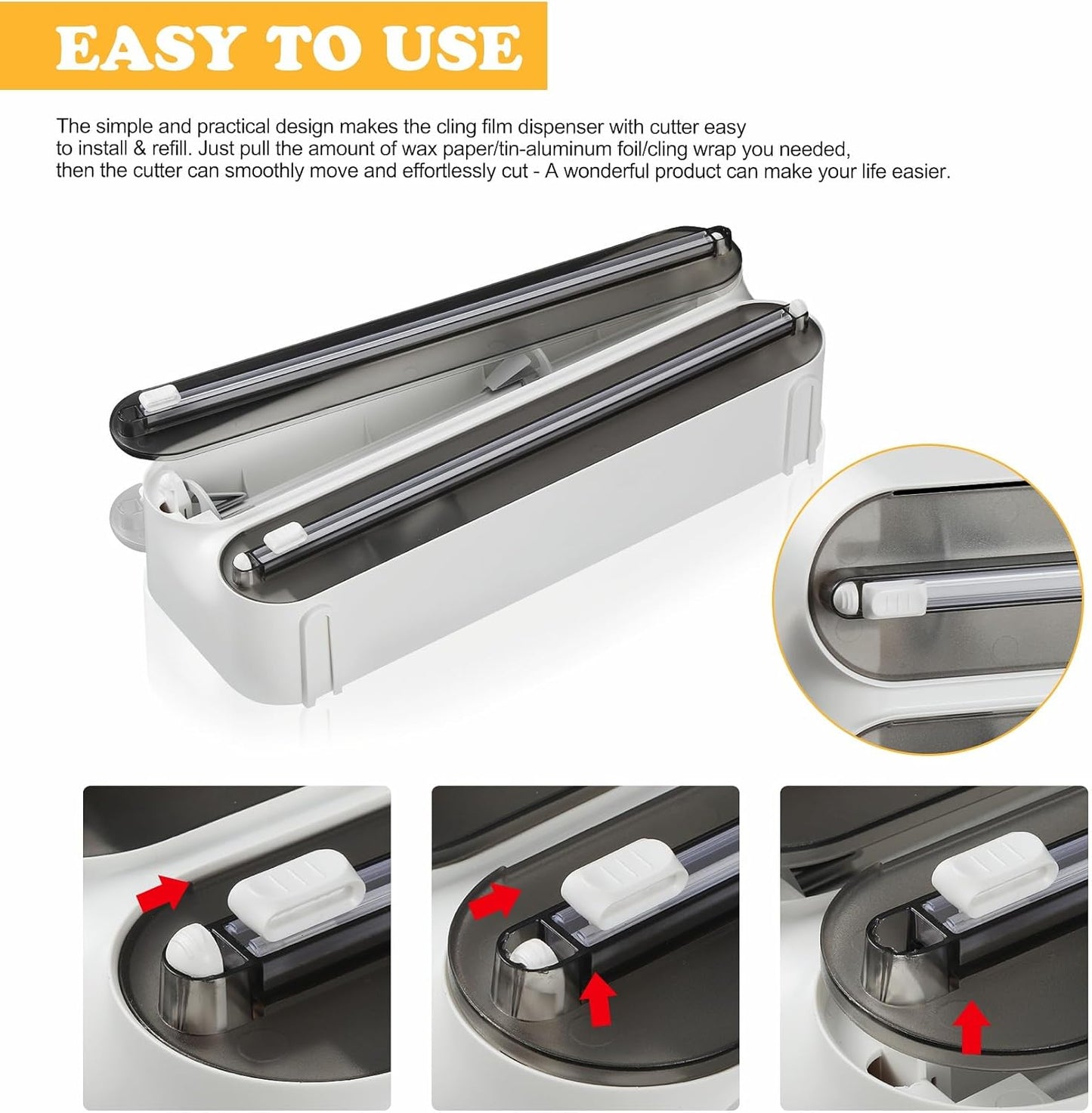 Magnetic Plastic Wrap Dispenser with Cutter - Refillable Aluminum Tin Foil and Plastic Wrap Organizer for Kitchen, Upgraded 3 in 1 Paper Towel Holder Wall Mount - Fits 12" Roll, White