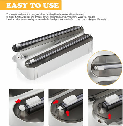 Magnetic Plastic Wrap Dispenser with Cutter - Refillable Aluminum Tin Foil and Plastic Wrap Organizer for Kitchen, Upgraded 3 in 1 Paper Towel Holder Wall Mount - Fits 12" Roll, White