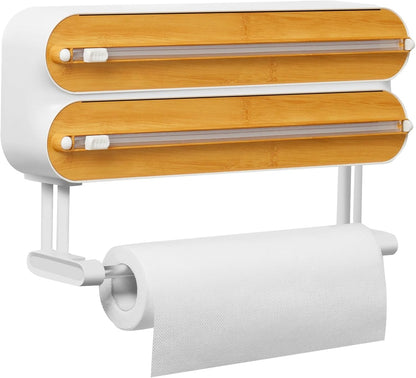 Magnetic Plastic Wrap Dispenser with Cutter - Refillable Aluminum Tin Foil and Plastic Wrap Organizer for Kitchen, Upgraded 3 in 1 Paper Towel Holder Wall Mount - Fits 12" Roll, White