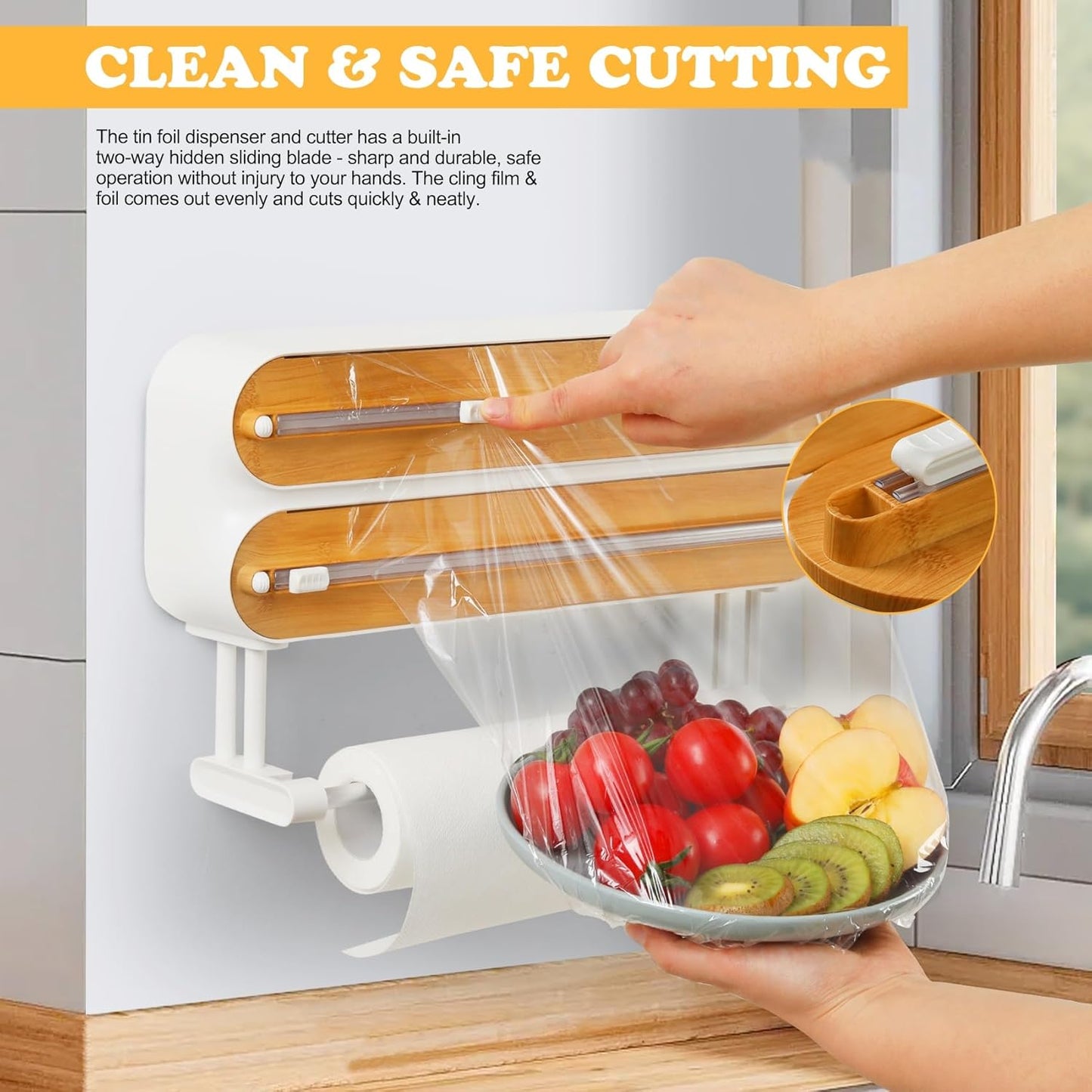 Magnetic Plastic Wrap Dispenser with Cutter - Refillable Aluminum Tin Foil and Plastic Wrap Organizer for Kitchen, Upgraded 3 in 1 Paper Towel Holder Wall Mount - Fits 12" Roll, White