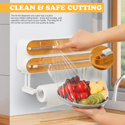 Magnetic Plastic Wrap Dispenser with Cutter - Refillable Aluminum Tin Foil and Plastic Wrap Organizer for Kitchen, Upgraded 3 in 1 Paper Towel Holder Wall Mount - Fits 12" Roll, White