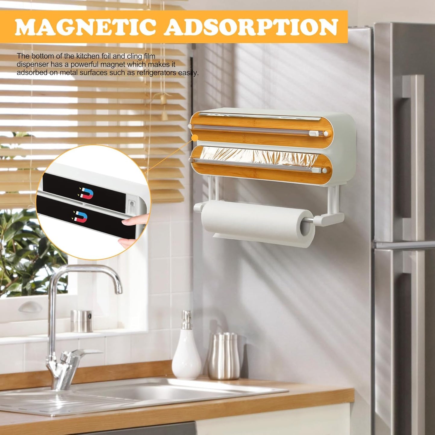 Magnetic Plastic Wrap Dispenser with Cutter - Refillable Aluminum Tin Foil and Plastic Wrap Organizer for Kitchen, Upgraded 3 in 1 Paper Towel Holder Wall Mount - Fits 12" Roll, White