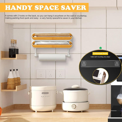 Magnetic Plastic Wrap Dispenser with Cutter - Refillable Aluminum Tin Foil and Plastic Wrap Organizer for Kitchen, Upgraded 3 in 1 Paper Towel Holder Wall Mount - Fits 12" Roll, White