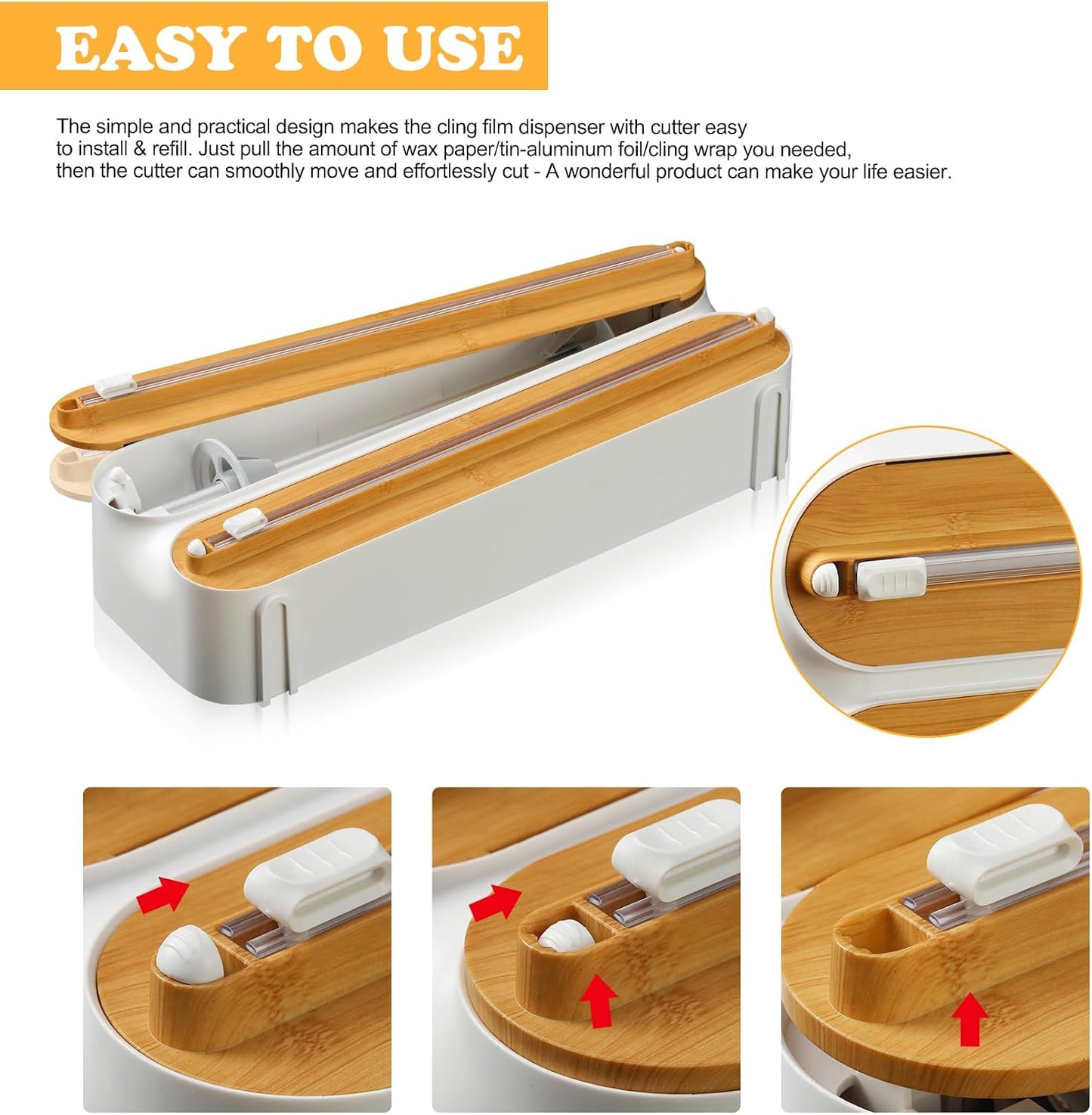Magnetic Plastic Wrap Dispenser with Cutter - Refillable Aluminum Tin Foil and Plastic Wrap Organizer for Kitchen, Upgraded 3 in 1 Paper Towel Holder Wall Mount - Fits 12" Roll, White