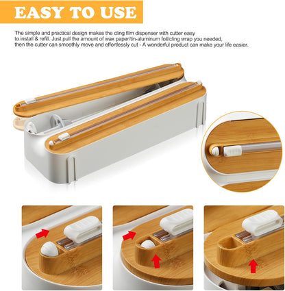 Magnetic Plastic Wrap Dispenser with Cutter - Refillable Aluminum Tin Foil and Plastic Wrap Organizer for Kitchen, Upgraded 3 in 1 Paper Towel Holder Wall Mount - Fits 12" Roll, White