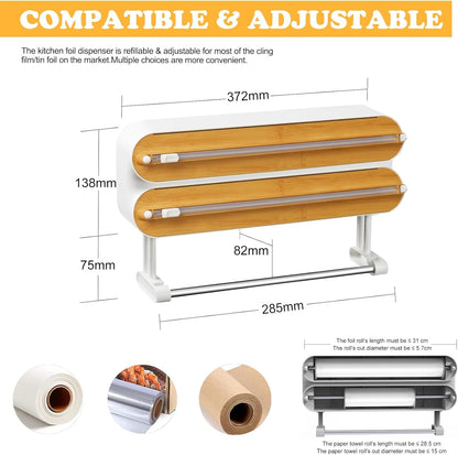Magnetic Plastic Wrap Dispenser with Cutter - Refillable Aluminum Tin Foil and Plastic Wrap Organizer for Kitchen, Upgraded 3 in 1 Paper Towel Holder Wall Mount - Fits 12" Roll, White